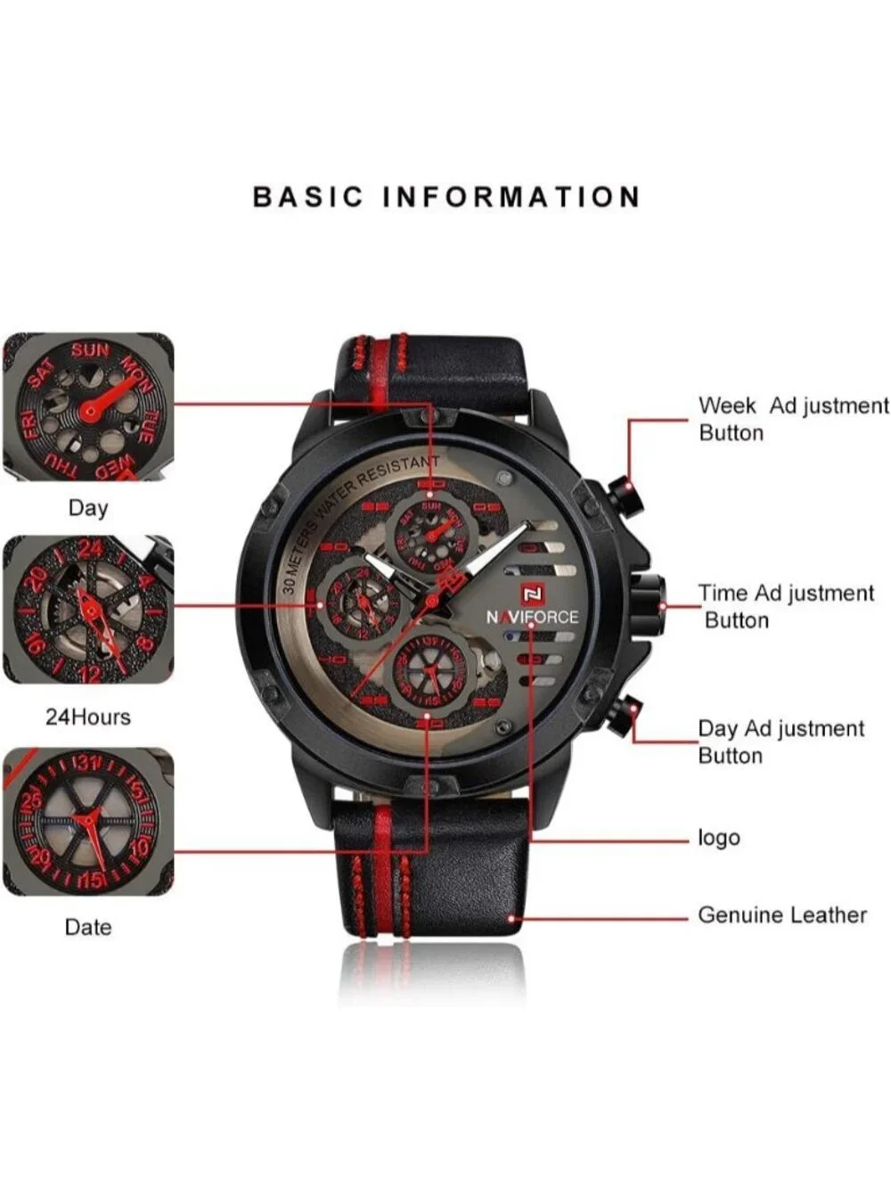Men's Black Red Analog Quartz Leather Band Waterproof Sport Military Wrist Watch
